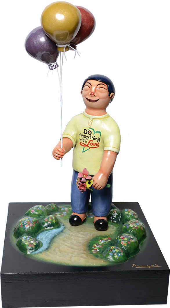 Lover boy with balloon and bouquet